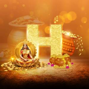 Image of Goddess Lakshmi with a golden letter H and pots of gold.