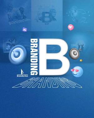 Collage of branding elements and social media icons with a large letter B