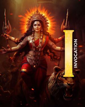 Digital art of Goddess Durga with a tiger and the word 'Invocation'
