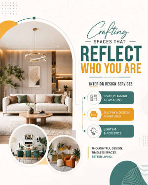 An interior design services advertisement showcasing a modern living room and dining room with text overlays.