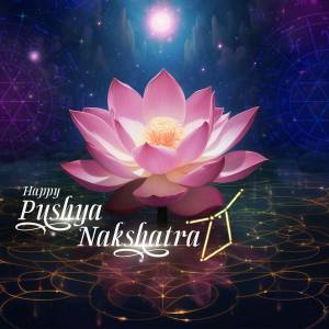 Pink lotus flower with celestial background and Pushya Nakshatra text