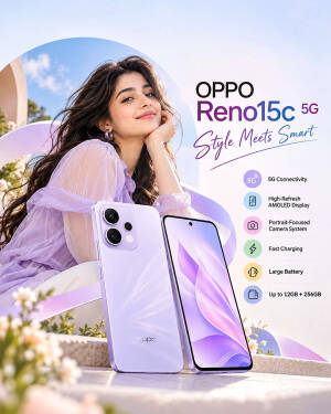 A smiling young woman posing with the lavender-colored OPPO Reno15c 5G smartphone highlighting its stylish design and features.