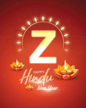 Image depicting 'Happy Hindu New Year' with the letter 'Z' and lit diyas.
