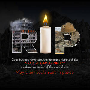 Image depicting a candle and scenes of destruction with the text 'RIP' in memory of those lost in the Israel-Hamas conflict.