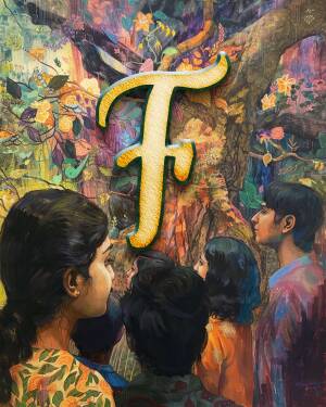 A vibrant painting featuring the letter 'F' overlaid on a lush forest scene with people looking upwards.