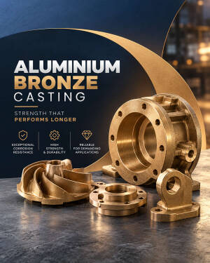 A collection of industrial aluminium bronze casting parts including a large ring, impeller, and bracket on a textured surface.