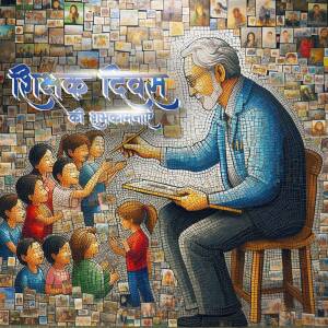 Mosaic image of an artist drawing with children, with smaller portraits forming the background.