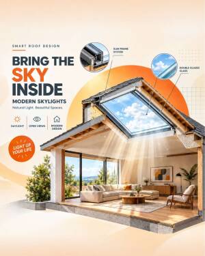A modern home interior featuring a large skylight roof design that brings natural light into the living room