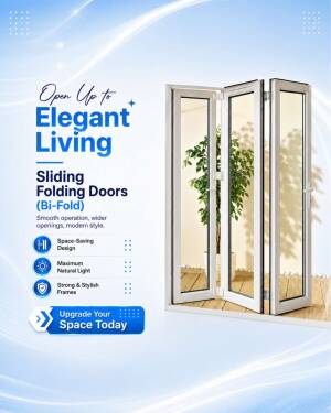 Modern sliding folding bi-fold doors with a white frame showcasing natural light and space-saving design.