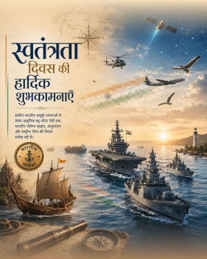A patriotic poster for Indian Independence Day featuring military ships, an ancient boat, aircraft, and national symbols.