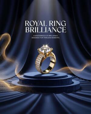 A luxurious gold diamond ring displayed on a dark blue stage with spotlighting and golden smoke accents.