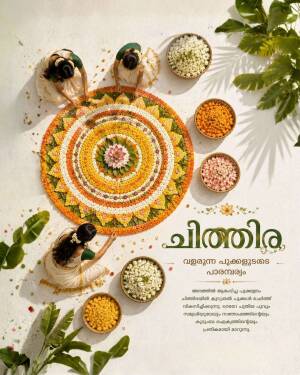 Women in traditional Kerala attire creating a vibrant floral Pookalam for Onam festival