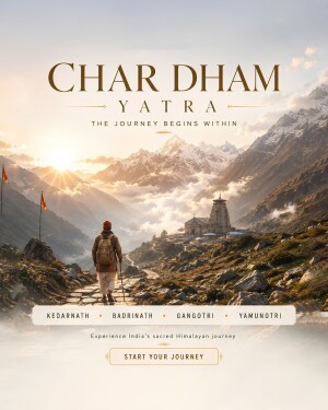 A pilgrim walking towards the sacred Kedarnath temple in the Himalayas during sunrise for the Char Dham Yatra.