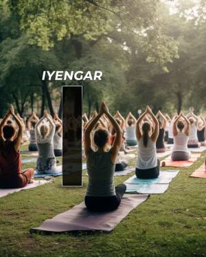 Group of people practicing Iyengar yoga outdoors in a park.