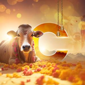 Image of a cow lying down with a glowing Om symbol and floral decorations.