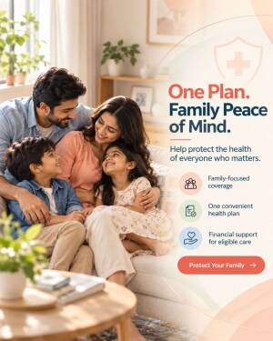 A happy family sitting on a couch, promoting a family health insurance plan.