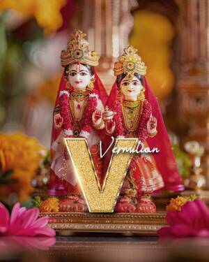 Two idols of Radha and Krishna adorned with flowers and a golden 'V' letter in front.