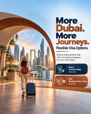 A traveler walking towards the Dubai skyline with a suitcase, advertising flexible visa options.