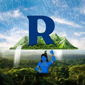 Digital art featuring the letter 'R' superimposed over a landscape with Lord Krishna.