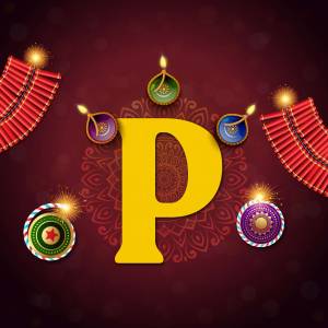 Letter P decorated with Diwali lights and firecrackers