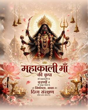 A divine illustration of Goddess Mahakali with traditional Indian elements, lotus flowers, and oil lamps