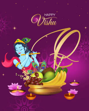 Illustration of Lord Krishna playing a flute with Vishu offerings