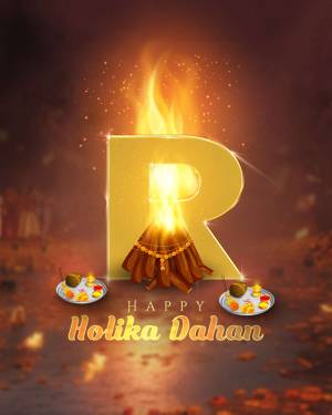 Holika Dahan celebration with a glowing letter 'R'