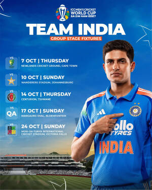 Shubman Gill representing Team India with 2027 Cricket World Cup group stage match schedule