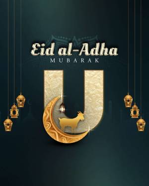 Eid al-Adha Mubarak with crescent moon and goat illustration