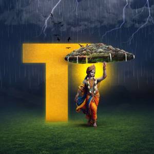 Lord Krishna lifting Govardhan Hill during a storm