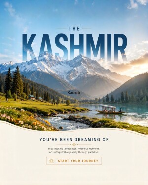 A scenic landscape poster of Kashmir featuring snow-capped mountains, a river, and a traditional boat.