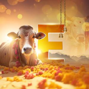 Image depicting a cow and the Devanagari letter 'अ' with floral decorations, symbolizing Govardhan Puja.