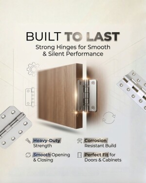 High-quality metallic door hinge attached to a wooden door with icons illustrating strength and performance features.
