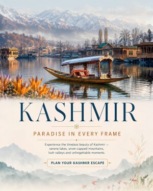A beautiful view of a shikara boat on Dal Lake in Kashmir with snow-capped mountains in the background