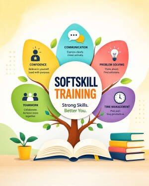 An infographic representing soft skill training with a central tree metaphor featuring icons for confidence, communication, problem-solving, teamwork, and time management.