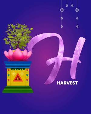 Illustration of a potted plant with a lotus base and the letter 'H' for Harvest