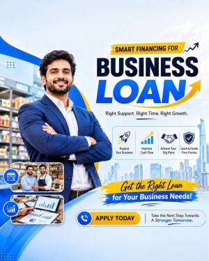A smiling businessman standing with arms crossed in front of a business loan advertisement graphic with city and retail store elements.