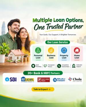 A smiling couple looking towards the future with various loan service icons and partner bank logos displayed below.