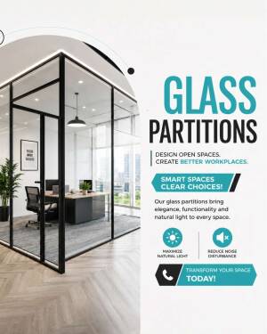 Modern office interior featuring sleek black framed glass partitions for open workspace design