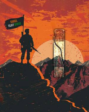 Silhouette of a soldier with the Kargil Vijay Diwas flag against a sunset backdrop and a depiction of a rifle.