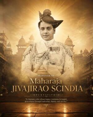 Portrait of Maharaja Jivajirao Scindia in royal attire with a palace background