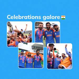 Collage of Indian cricket team celebrating a victory with medals and joyful expressions.