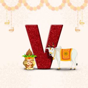 Letter V with a cow and traditional Indian elements