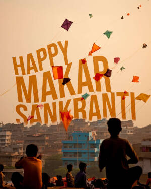 Kites flying during Makar Sankranti festival with text 'Happy Makar Sankranti'