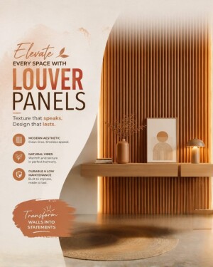 An advertisement featuring a modern interior room with vertical wooden louver wall panels and elegant home decor
