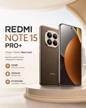 Redmi Note 15 Pro+ smartphone showing front and back design on a podium