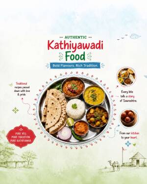 A beautifully presented metal plate featuring traditional Indian Kathiyawadi cuisine, including dal, vegetable curries, rotis, rice, and gulab jamun, on a light artistic background.