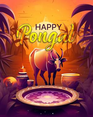 Pongal festival illustration with cow and traditional decorations