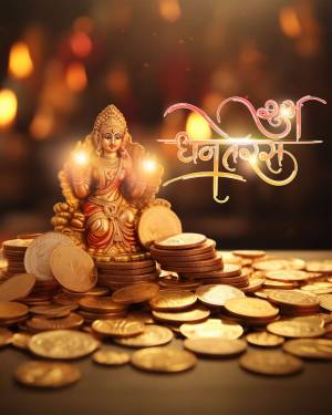 Goddess Lakshmi idol surrounded by gold coins and lights for Dhanteras