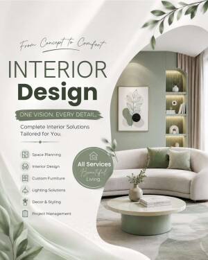 An elegant interior design services advertisement featuring a soft green and white aesthetic with a curved sofa, coffee table, and list of professional home decor services.